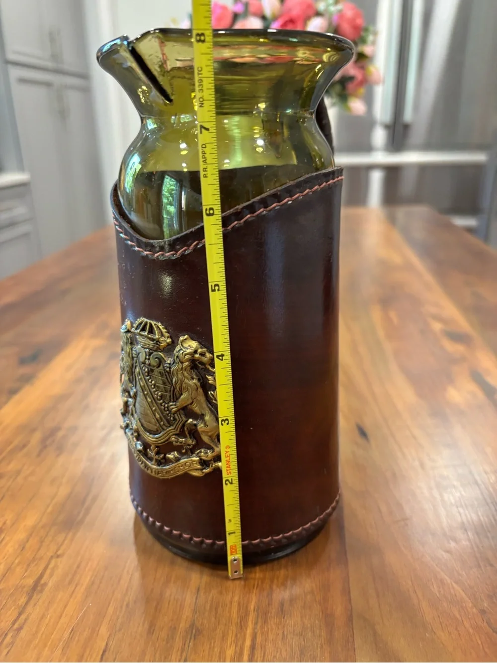 Vintage Italian Leather Wrapped Green Glass Pitcher & 5 Cocktail Glasses Set
